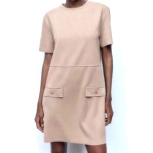 Elegant Tan Short Sleeve Dress By Zara